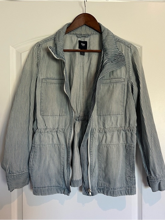 GAP Jackets & Blazers - GAP Women's Light Blue and White Pinstripe Denim Utility Jacket